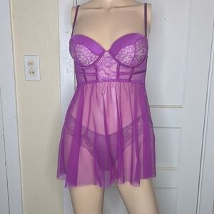 Victoria's Secret Fuscia Lace and Mesh Babydoll Chemise Size 34B